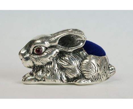 Silver Rabbit Pincushion with ruby eyes 