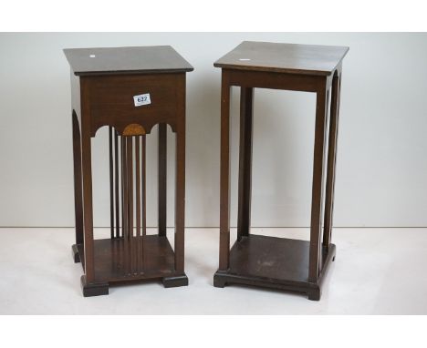 Two Early 20th century Art Nouveau Mahogany Inlaid Square Side / Lamp Tables, largest 29cm wide x 59.5cm high 