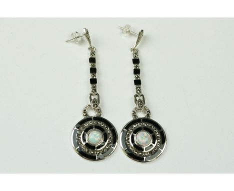 Pair of Silver Drop Earrings in the Art Deco style set in a halo with opal cabochon 