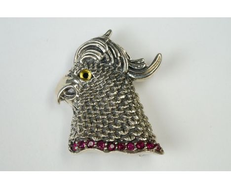 Silver Parrot shaped Pendant / Brooch with ruby collar 