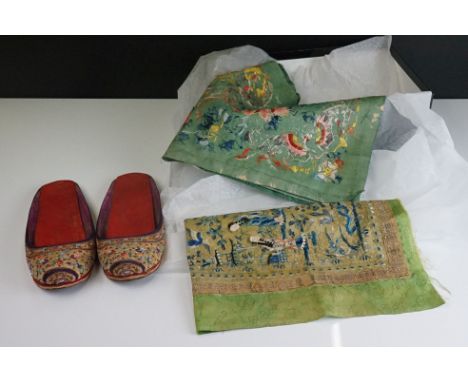 Two Chinese embroidered silks together with a pair of vintage beaded Nyonya wedding slippers.