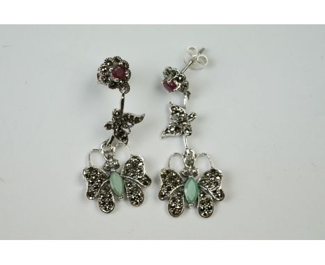 Pair of Silver Marcasite, Ruby and Emerald Butterfly Drop Earrings 