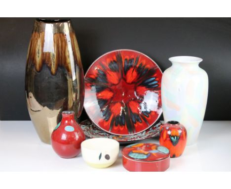 Collection of Poole Pottery including Brown Lustre Vase, 38cm high, Pastel Brush Strokes Vase, 26cm high, Exodus Plate and Re