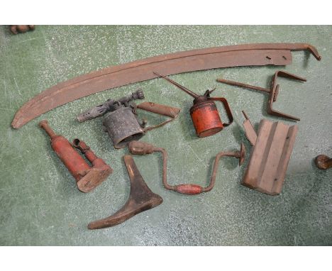 Vintage tools - a scythe; a crosscut saw; another lumber saw; blow torch; rebate plane; bottle jack etc.