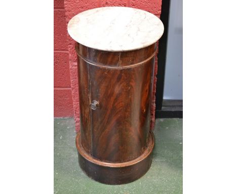 A Victorian mahogany cylindrical pot cupboard, circular grey marble top, panel door, drum handle, plinth base. 75cm high x 40