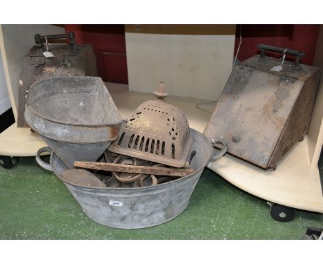 Metalware - a Johnson's No.2 adjustable hobbing foot; others; galvanized two handled tub; galvanized hopper; two metal coal b