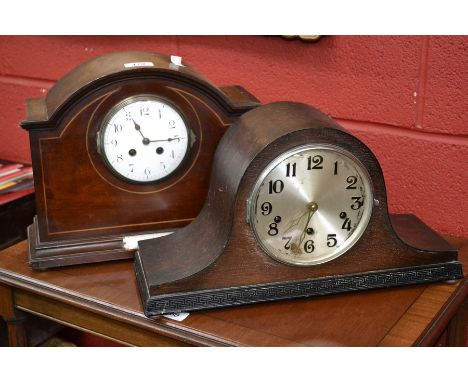 An Edwardian inlaid mahogany arch topped mantel clock, white enamelled dial, Arabic numerals, minute track, twin winding hole