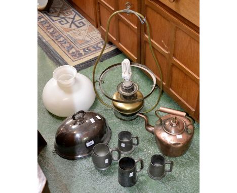 A Victorian brass hanging lamp, converted for electricity, opaque white glass shade; a Victorian copper kettle; an EPNS domed