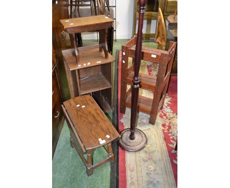 An oak drop leaf table; oak table; mahogany standard lamp; bookcase; etc, (5)