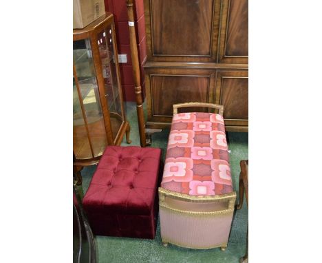 A Lloyd Loom style ottoman; a padded footstool; an oak standard lamp. (3)