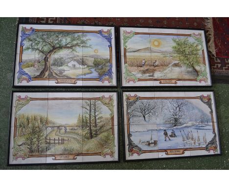 Spanish School, a set of four framed tile panels, The Four Seasons, each comprised of six hand painted tiles, Spring, Summer,