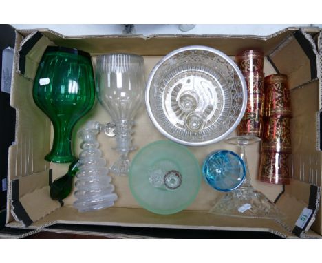 A mixed collection of glass ware to include: art glass decanters, gilt decorated tumblers , fruit bowl etc 