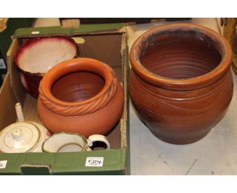 Salt glazed planter: together with a terracotta planter, Oldcourt Pottery planter, large Gibson's teapot etc. 