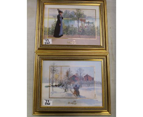 Two Carl Larsson limited edition framed Goebel plaques: Late Summer &amp; Brita with Sledge (2). 