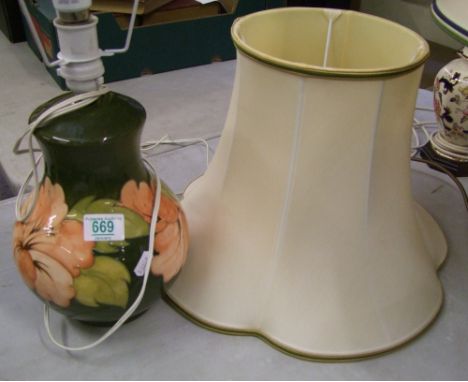 Large Moorcroft Hibiscus on Green Ground Lamp Base: height to top of Fitting 33cm, with original Shade 