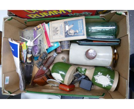 A mixed collection of items to include: Hunting Knives, Pottery Decanters, Vintage Maps, Glass Bottles etc 