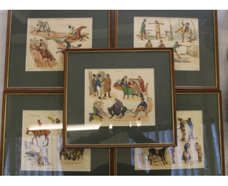 Five framed vintage comical prints: hunting scenes etc (5). 