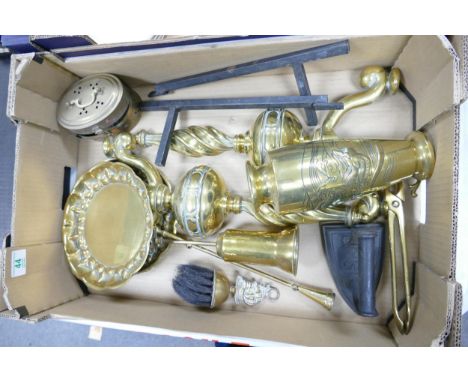 A collection of Brass items to include: Polished Japanese Bronze vase, Fire side sets, platters etc 