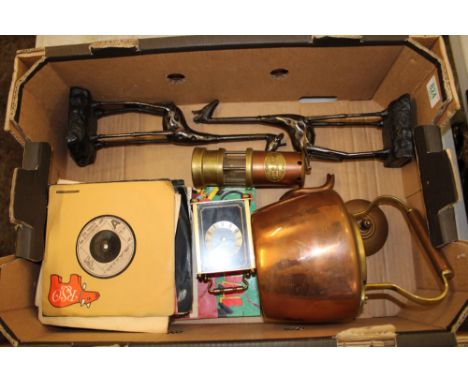 A mixed collection of items to include: Novelty Miners lamp, copper &amp; brass kettle, pair of metal giraffe's etc 