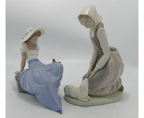 Nao Figure of Young Girl With Lamb: together with similar Girl with Bird, height of tallest 22cm(2) 