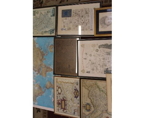 A collection of mostly framed map prints: together with a large educational atlas print and a framed pencil portrait dated 19