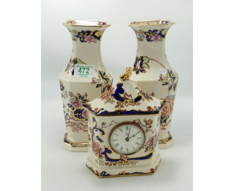 Masons Blue Mandalay Mantle Clock &amp; Vases: height of Vase 