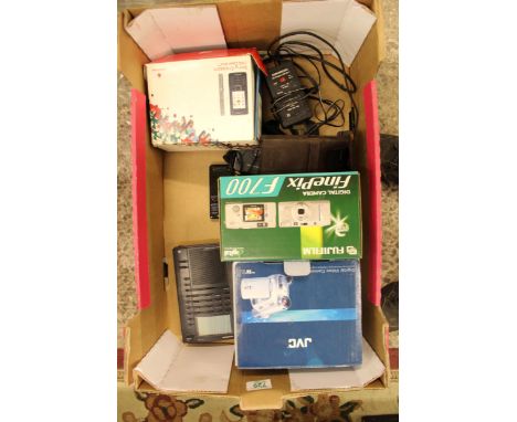 A collection of vintage tech: video camera, Fugi camera, Rockwell calculator etc (1 tray). 