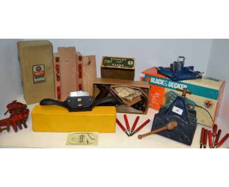 Tools - a Stanley no 4 Bailey Smooth plane, boxed; Stanley no 8 scraper, boxed; Maple tools shamrock brand mitre box; various