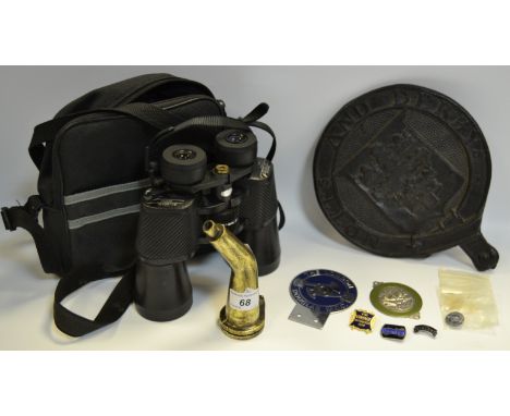 Motoring Interest - a brass petrol filler R.A.L.C dated 1928; a reproduction cast iron Notts and Derbys fire mark; a White an