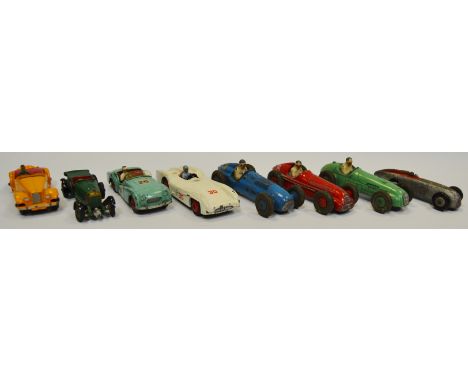 Dinky die-cast models including a Talbot Lago no. 23K, blue grey tyres, H.W.M. no. 23J, green grey tyres, Alfa Romeo no. 23F,