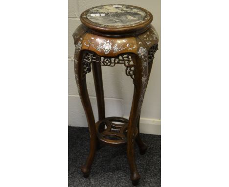 An early 20th Century mother of pearl inlaid jardiniere stand, marble tops (faults)
