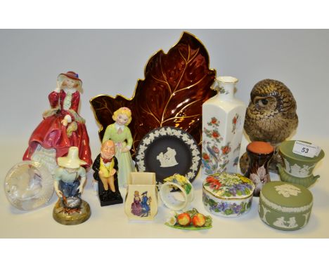 Ceramics - a Royal Doulton figure Top o the Hill, Royal Worcester figure River Boy; Royal Doulton figure Micawber; a Poole mo