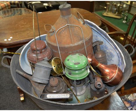 Metalware - a substantial galvanized pan; various tilly lamps; an early 19th Century Hodgkinson pewter tea caddy, acorn finia