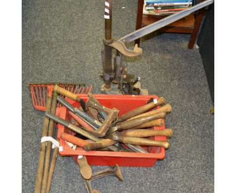 Tools - two cast shoe lasts; various wooden garden shears, loppers, rakes, etc; a Black and Decker bench drill