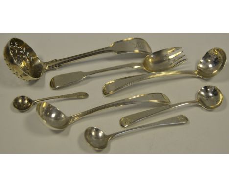 Silver - a silver sugar sifter , London 1858, 35.3g; a pickle fork, London 1848, 24.9g; a pair of silver salt spoons 19.2g; a
