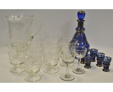 Glassware - a lemonade set; a blue and silvered port decanter
