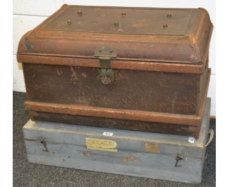 An early/mid 20th Century metal steamer trunk decorative reinforcements to angles, a painted pine carrying case (2)