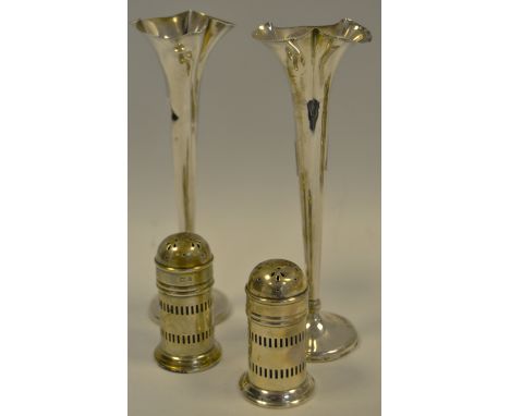 Silver - a pair of silver specimen vases, Sheffield 1951, 67.4g gross; a pair of silver pepperettes, blue glass liners, 66.6g