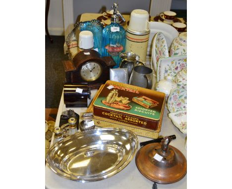 Ephemera - a blue glass soda syphon; an early 20th Century mantel clock; pewter tankard; bakelite telegram signal; mother of 