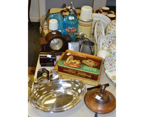 Ephemera - a blue glass soda syphon; an early 20th Century mantel clock; pewter tankard; bakelite telegram signal; mother of 