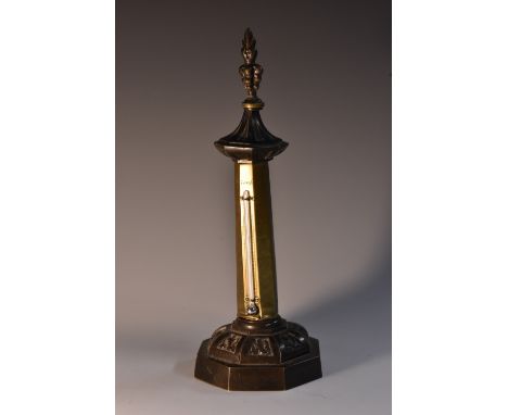 A post-Regency dark patinated bronze desk thermometer, acanthus finial, the brass scale marked out in Fahrenheit, octagonal b