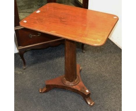 A George IV mahogany rounded rectangular tripod occasional table, panelled pillar, triform base, scroll feet, c.1825