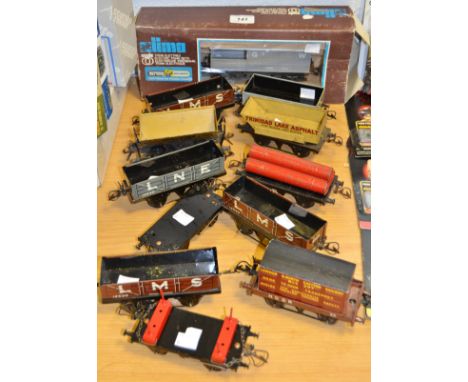 Hornby Gauge 0 Rolling Stock including three LMS wagons no.12530, LNE wagon  no.12530, a 13T wagon no.M420428, a Trinidad Lak
