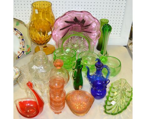 Glassware -  pink liqueur decanter and glasses; an oversized goblet; another; etc qty 