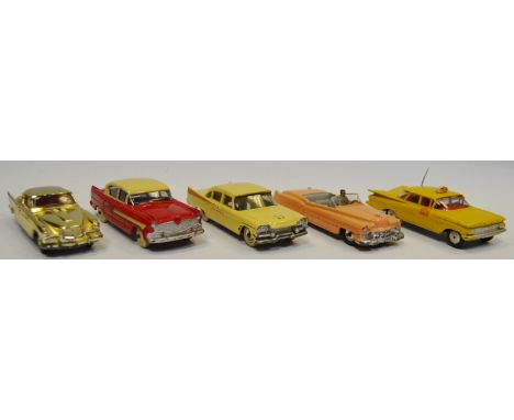 Dinky die-cast models including a Cadillac Eldorado no.131, salmon pink, Dodge Royal Sedan no. 191, cream, Hudson Hornet no. 