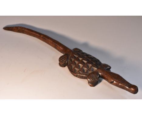 Tribal Art - an African hardwood headrest, carved as a crocodile, naive teeth, scales, traverse rows of oblong horny scales, 