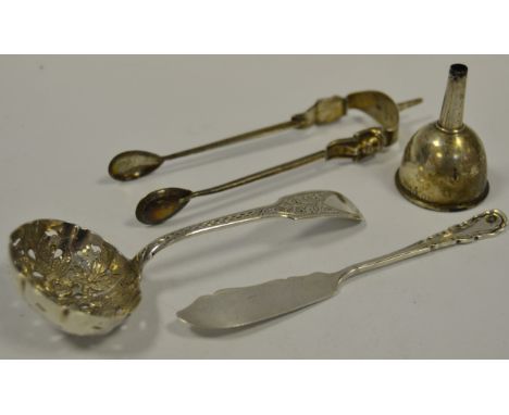 Silver - a silver wine funnel, Sheffield 1929, 10.9g; a pair of Egyptian Revival sugar tongs, 20g; a silver butter knife, 13.