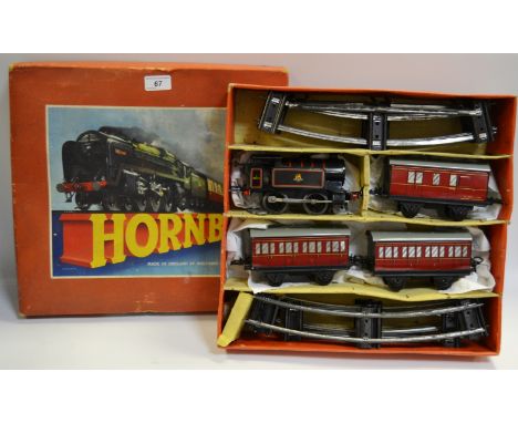 Hornby Train Tank Passenger Set no. 41 comprising black engine British Railways 382011, passenger coach, another, passenger b