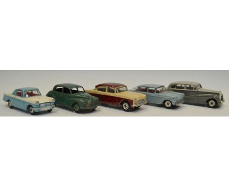 Dinky die-cast models including Opel Kapitan no. 177, light blue, Humber Hawk no. 165, maroon & cream, Rolls Royce Silver Wra