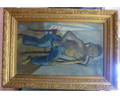 Palk - a full length portrait, a boy wearing blue trousers, sitting on a chair  oil on canvas  bears a signature  26'' x 16''